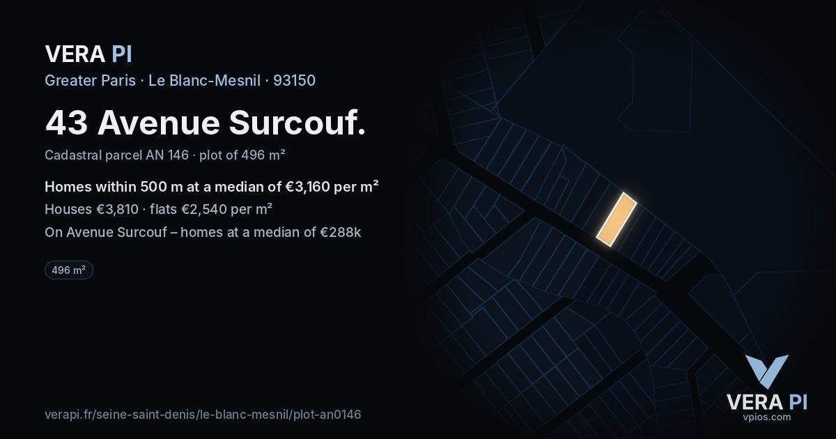 43 Avenue Surcouf, Le Blanc-Mesnil at night – the plot lit, the parcels around coloured by the prices near them
