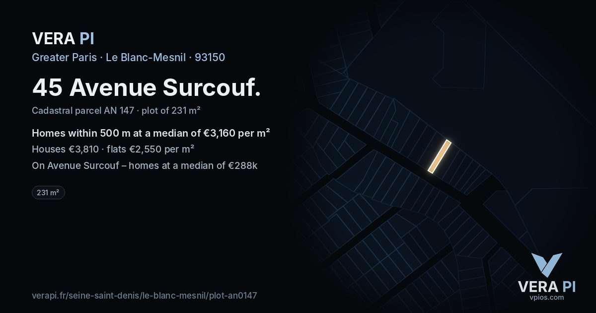 45 Avenue Surcouf, Le Blanc-Mesnil at night – the plot lit, the parcels around coloured by the prices near them