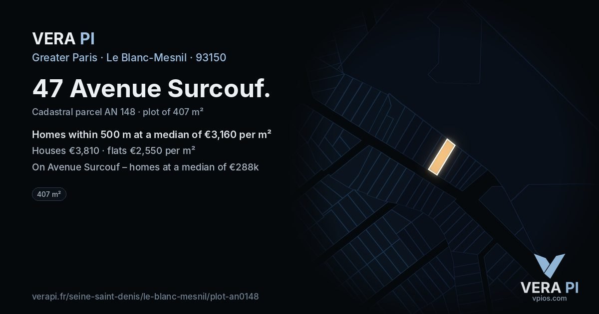 47 Avenue Surcouf, Le Blanc-Mesnil at night – the plot lit, the parcels around coloured by the prices near them