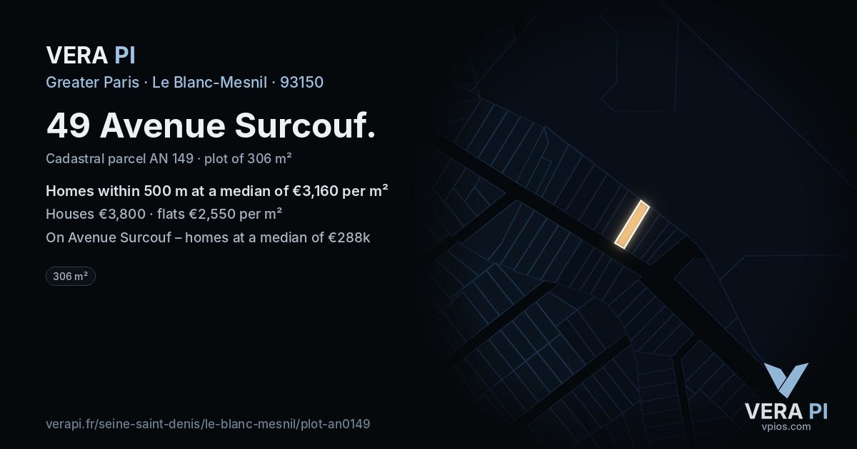 49 Avenue Surcouf, Le Blanc-Mesnil at night – the plot lit, the parcels around coloured by the prices near them