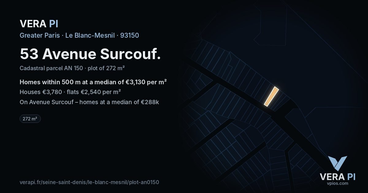 53 Avenue Surcouf, Le Blanc-Mesnil at night – the plot lit, the parcels around coloured by the prices near them