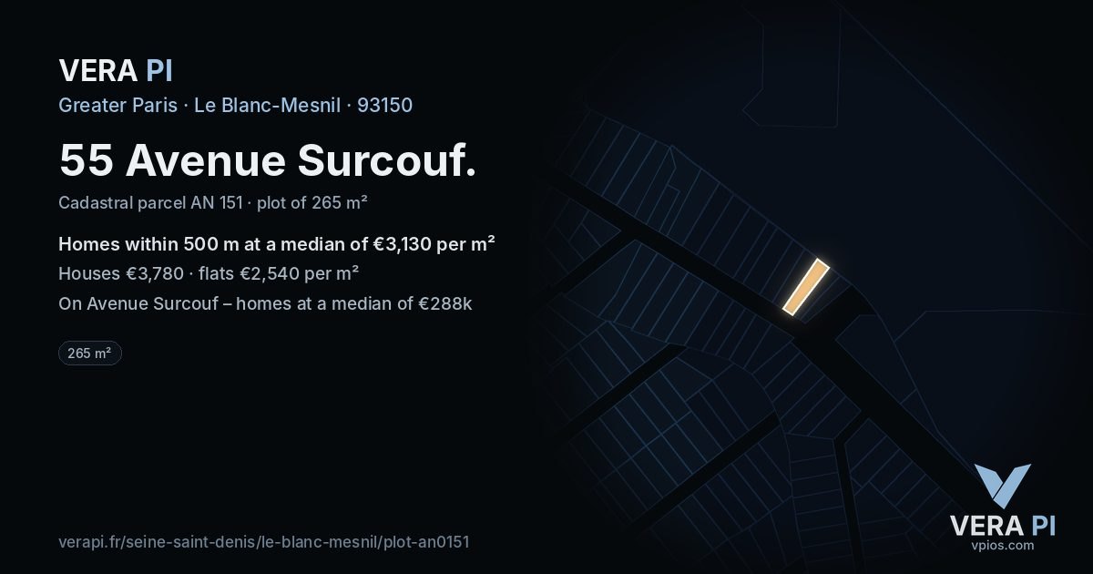 55 Avenue Surcouf, Le Blanc-Mesnil at night – the plot lit, the parcels around coloured by the prices near them
