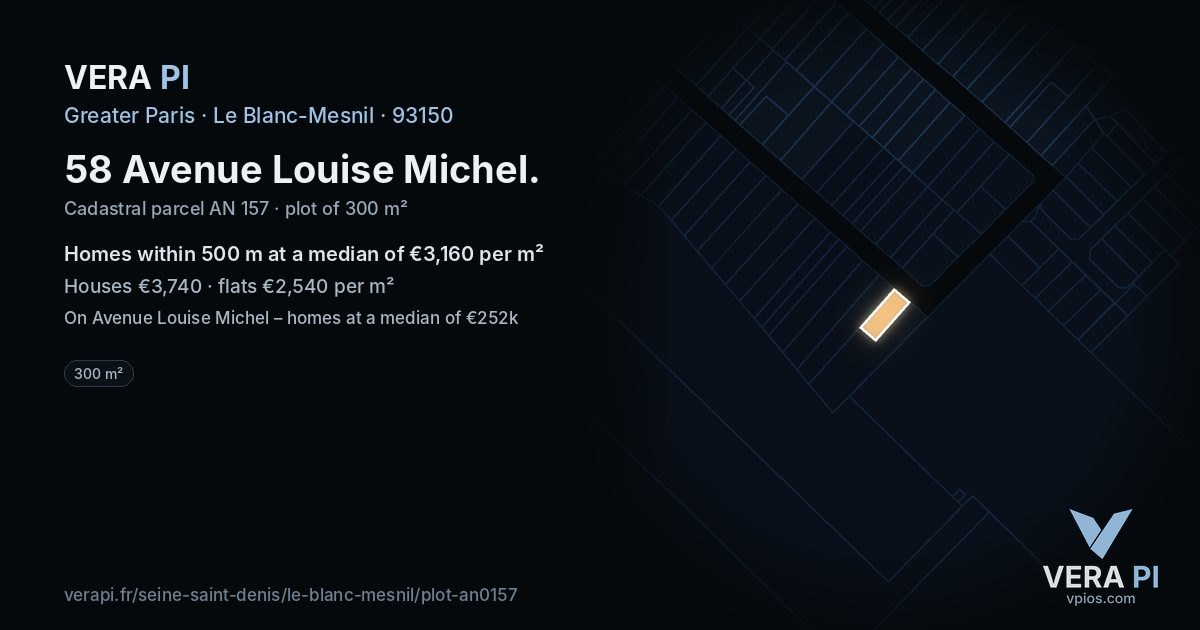 58 Avenue Louise Michel, Le Blanc-Mesnil at night – the plot lit, the parcels around coloured by the prices near them