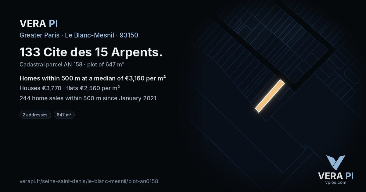 133 Cite des 15 Arpents, Le Blanc-Mesnil at night – the plot lit, the parcels around coloured by the prices near them