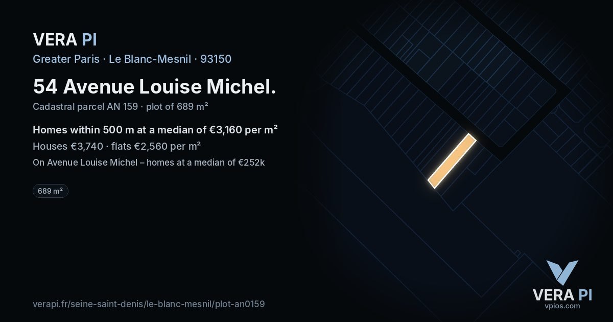 54 Avenue Louise Michel, Le Blanc-Mesnil at night – the plot lit, the parcels around coloured by the prices near them