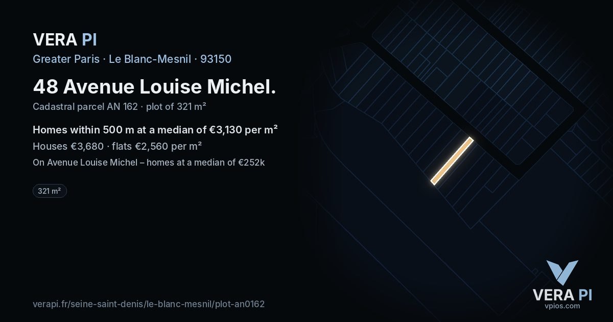 48 Avenue Louise Michel, Le Blanc-Mesnil at night – the plot lit, the parcels around coloured by the prices near them