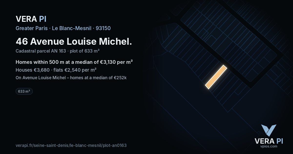 46 Avenue Louise Michel, Le Blanc-Mesnil at night – the plot lit, the parcels around coloured by the prices near them
