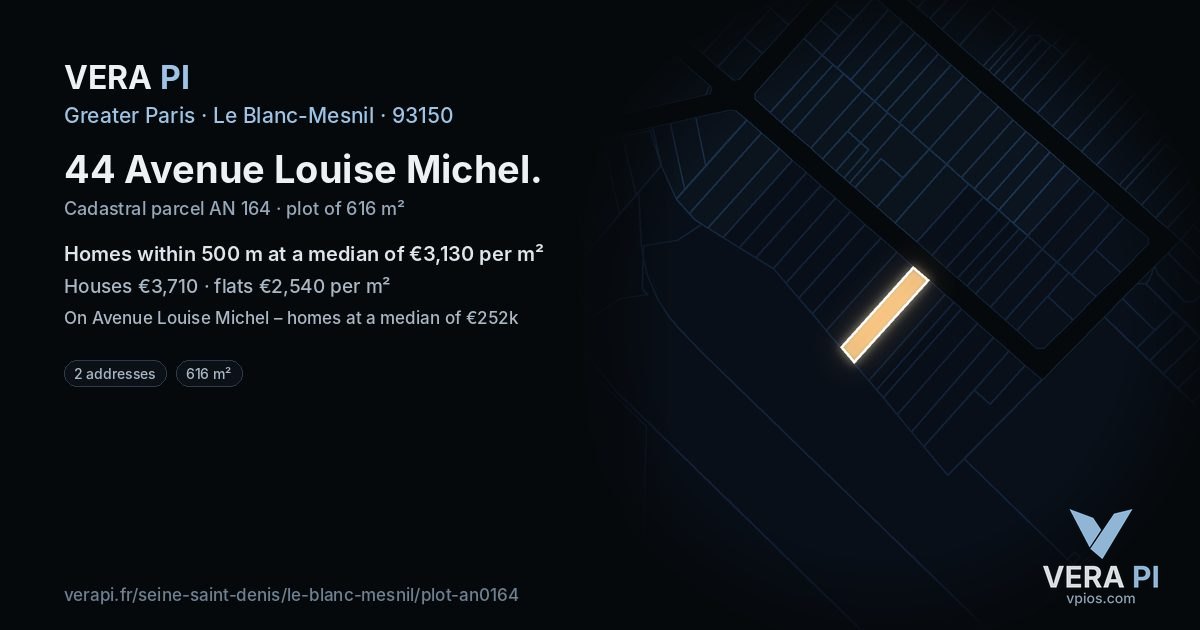 44 Avenue Louise Michel, Le Blanc-Mesnil at night – the plot lit, the parcels around coloured by the prices near them