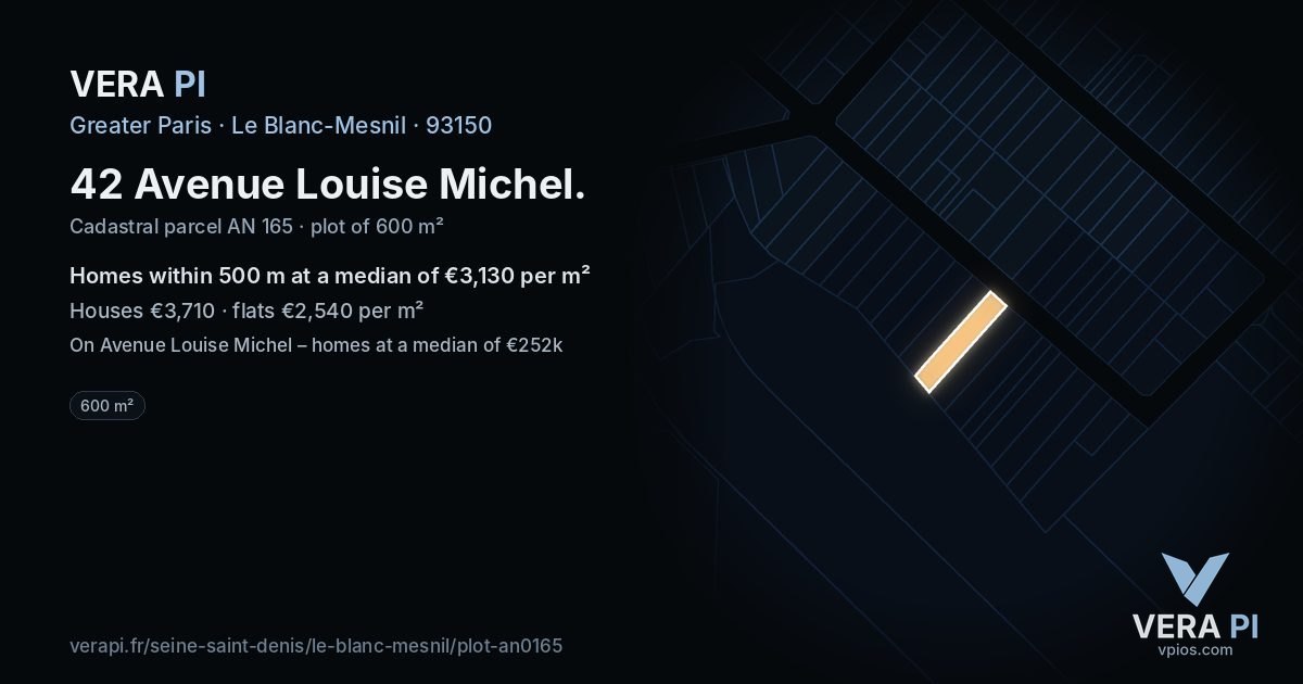 42 Avenue Louise Michel, Le Blanc-Mesnil at night – the plot lit, the parcels around coloured by the prices near them