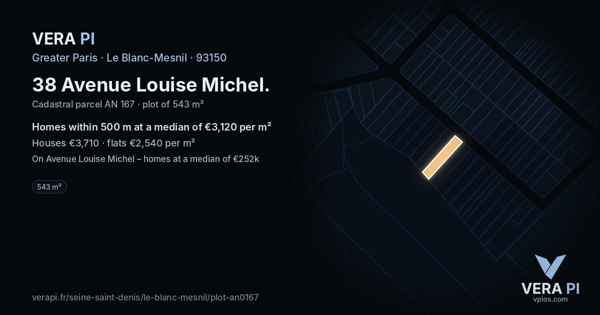 38 Avenue Louise Michel, Le Blanc-Mesnil at night – the plot lit, the parcels around coloured by the prices near them