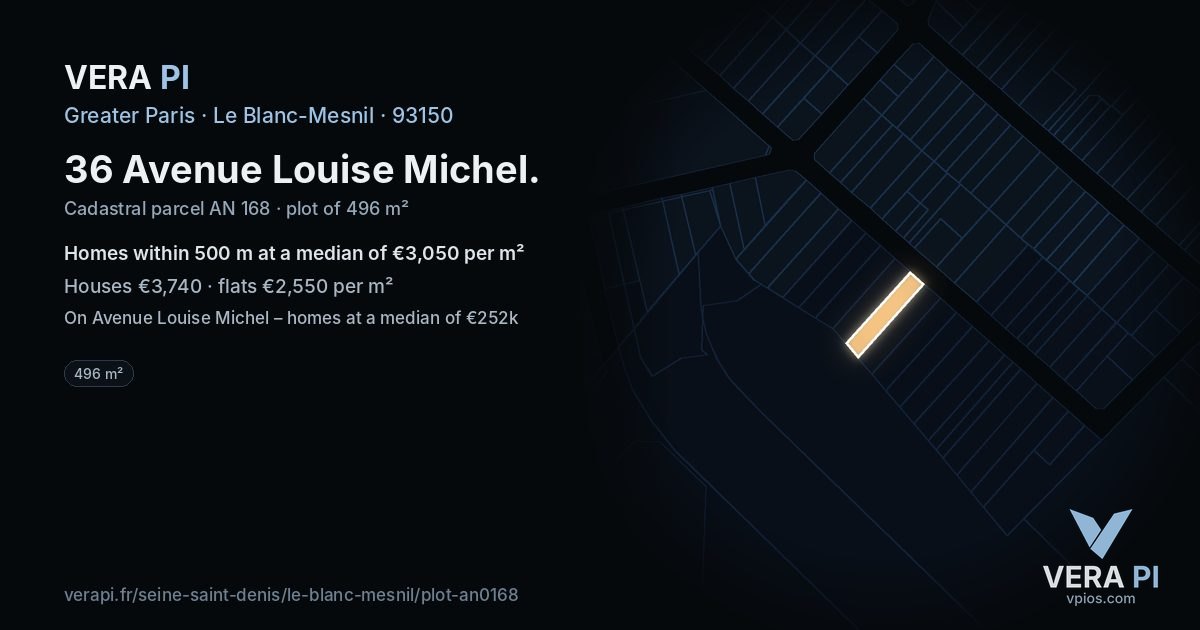 36 Avenue Louise Michel, Le Blanc-Mesnil at night – the plot lit, the parcels around coloured by the prices near them