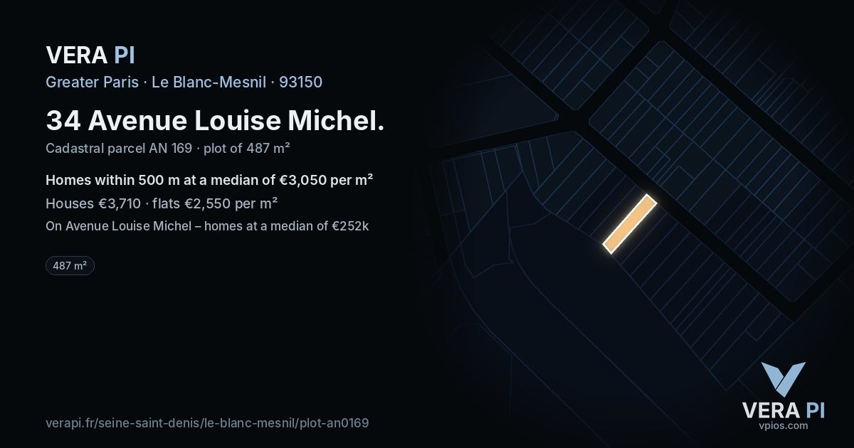 34 Avenue Louise Michel, Le Blanc-Mesnil at night – the plot lit, the parcels around coloured by the prices near them