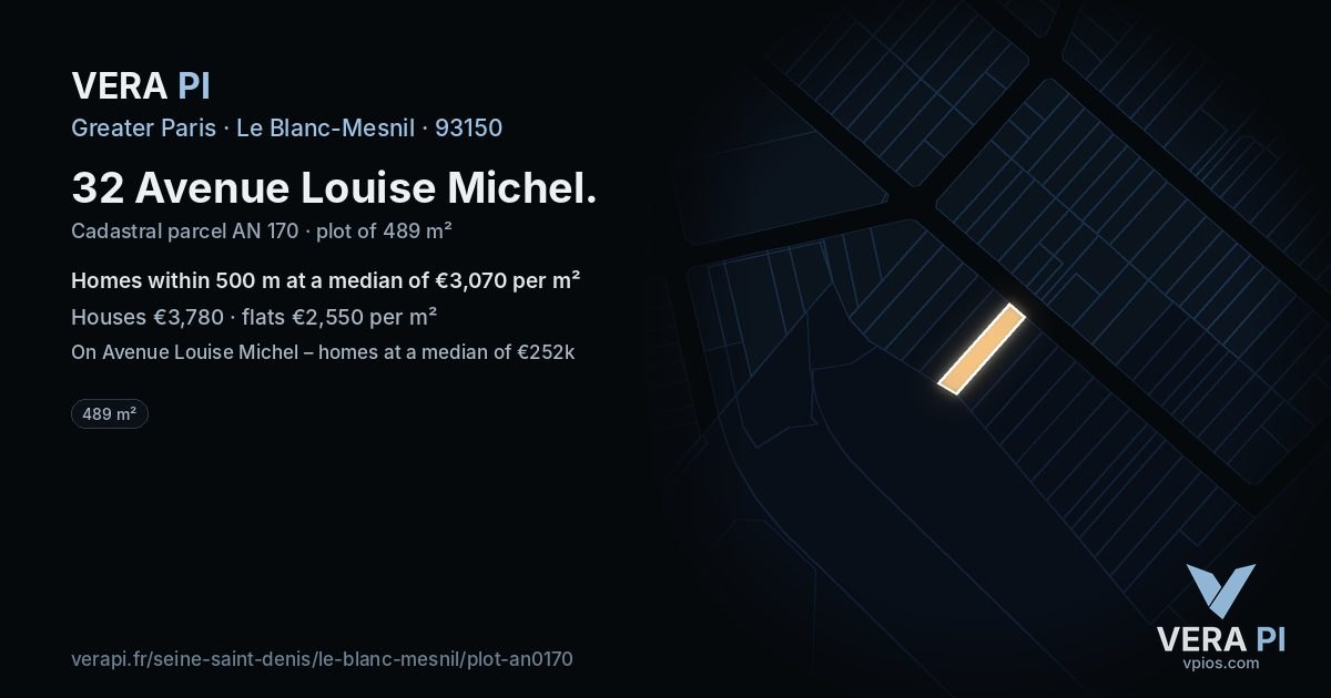 32 Avenue Louise Michel, Le Blanc-Mesnil at night – the plot lit, the parcels around coloured by the prices near them