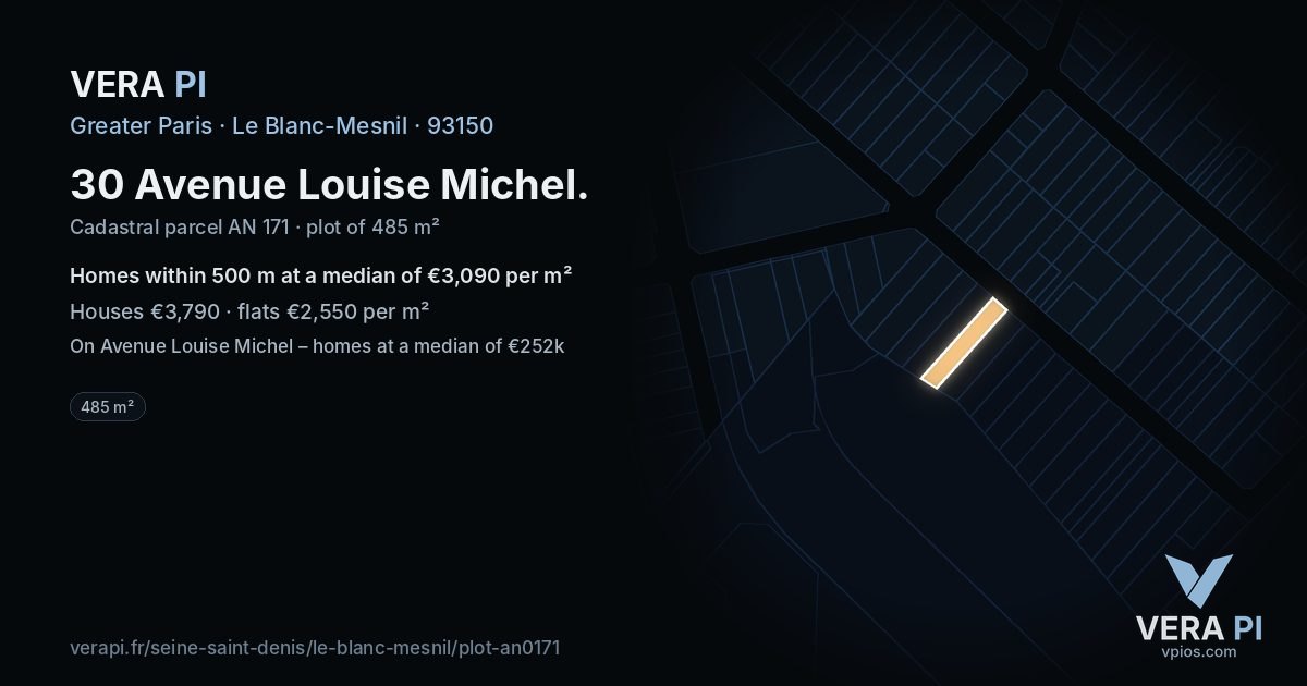 30 Avenue Louise Michel, Le Blanc-Mesnil at night – the plot lit, the parcels around coloured by the prices near them