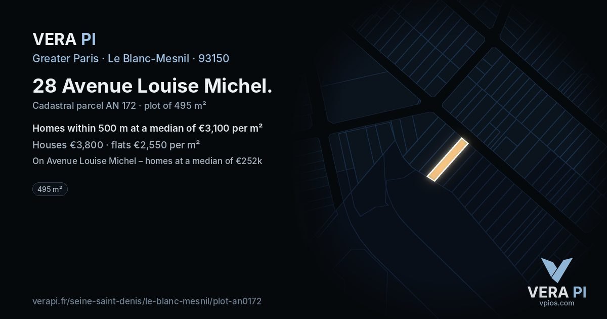 28 Avenue Louise Michel, Le Blanc-Mesnil at night – the plot lit, the parcels around coloured by the prices near them
