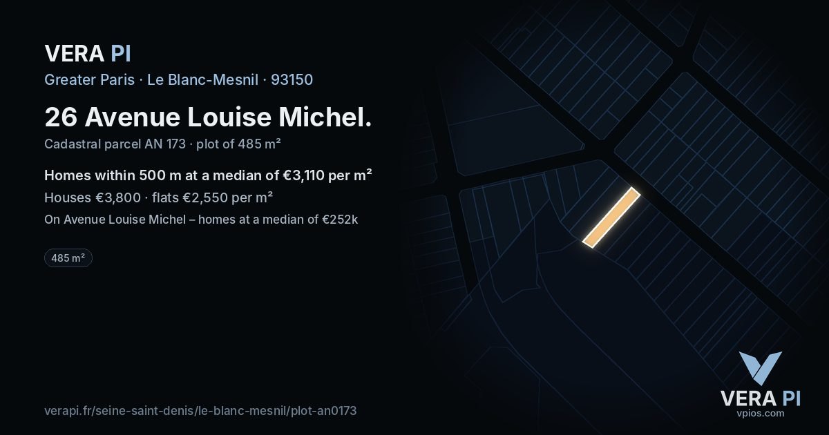 26 Avenue Louise Michel, Le Blanc-Mesnil at night – the plot lit, the parcels around coloured by the prices near them