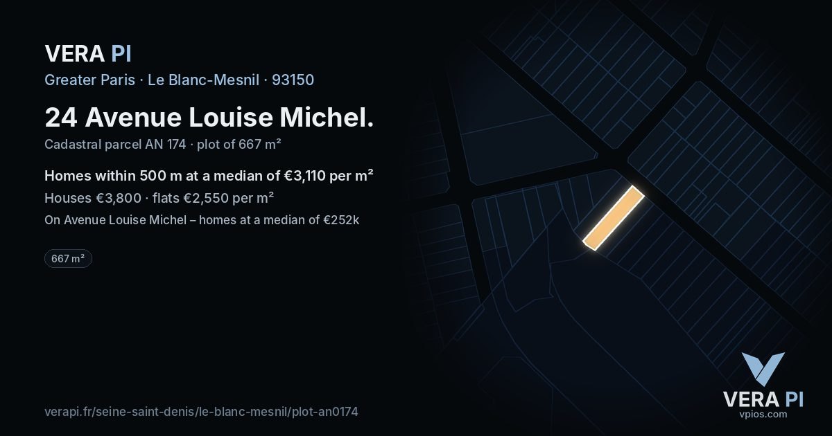 24 Avenue Louise Michel, Le Blanc-Mesnil at night – the plot lit, the parcels around coloured by the prices near them