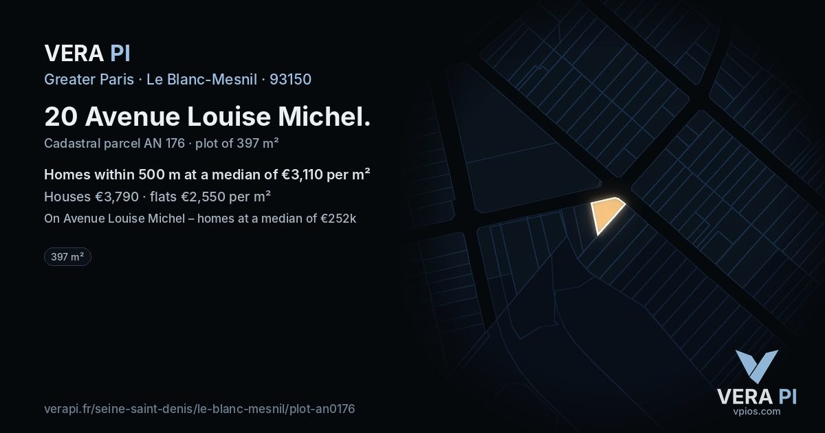 20 Avenue Louise Michel, Le Blanc-Mesnil at night – the plot lit, the parcels around coloured by the prices near them