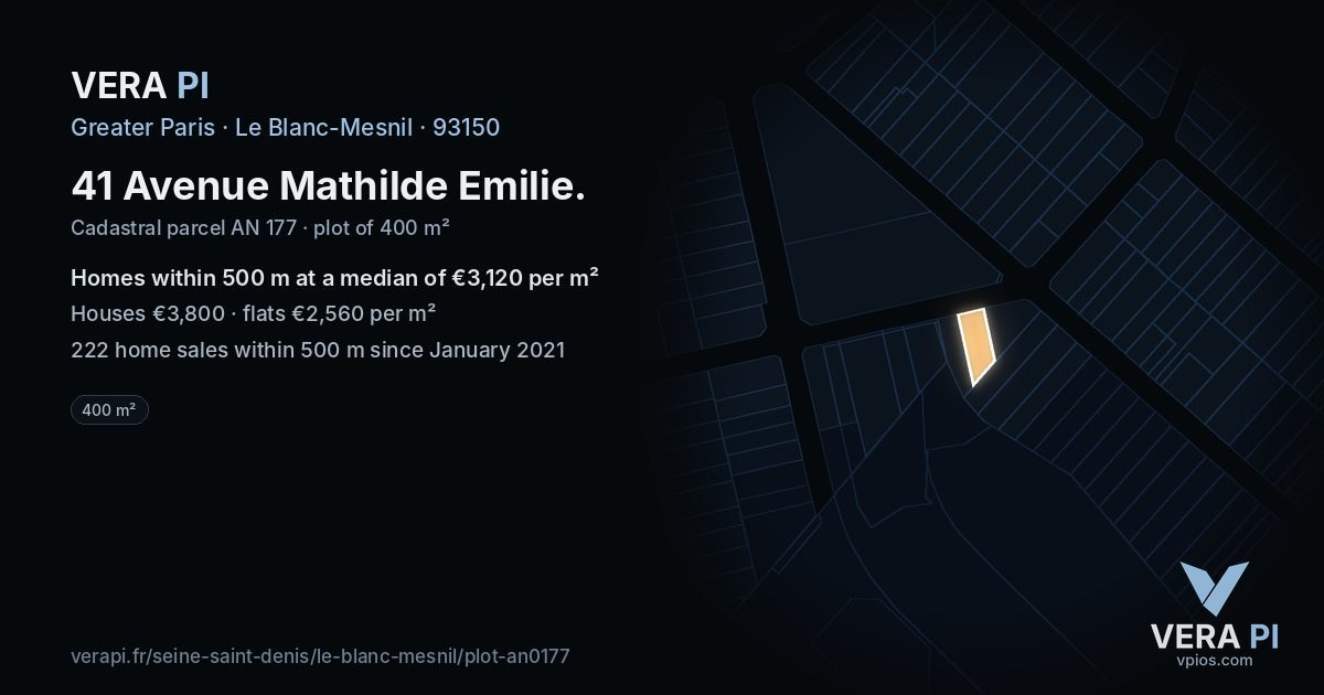 41 Avenue Mathilde Emilie, Le Blanc-Mesnil at night – the plot lit, the parcels around coloured by the prices near them