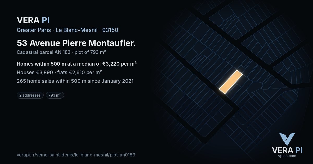 53 Avenue Pierre Montaufier, Le Blanc-Mesnil at night – the plot lit, the parcels around coloured by the prices near them