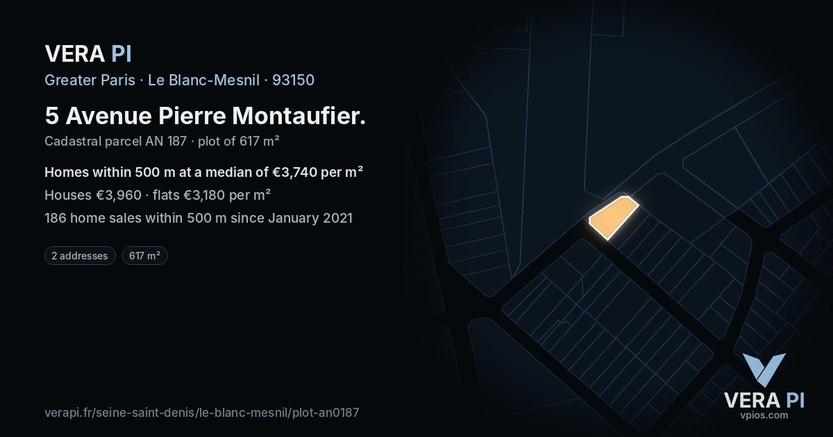 5 Avenue Pierre Montaufier, Le Blanc-Mesnil at night – the plot lit, the parcels around coloured by the prices near them