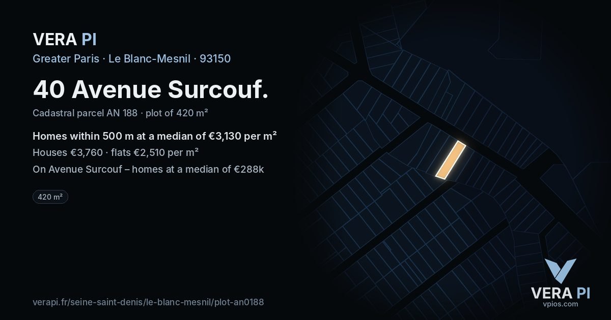 40 Avenue Surcouf, Le Blanc-Mesnil at night – the plot lit, the parcels around coloured by the prices near them