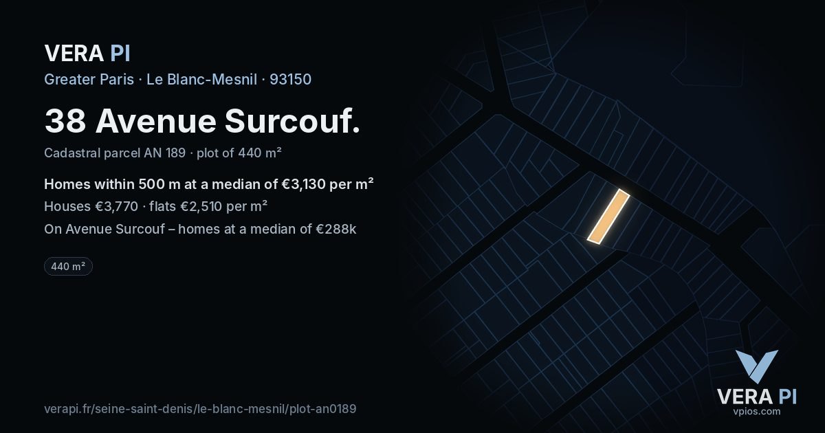 38 Avenue Surcouf, Le Blanc-Mesnil at night – the plot lit, the parcels around coloured by the prices near them