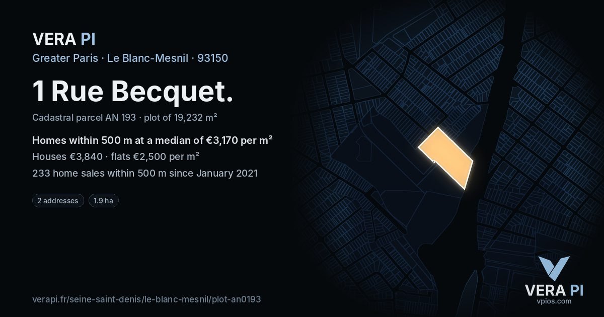 1 Rue Becquet, Le Blanc-Mesnil at night – the plot lit, the parcels around coloured by the prices near them