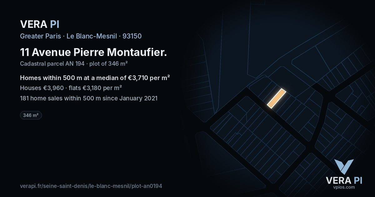 11 Avenue Pierre Montaufier, Le Blanc-Mesnil at night – the plot lit, the parcels around coloured by the prices near them