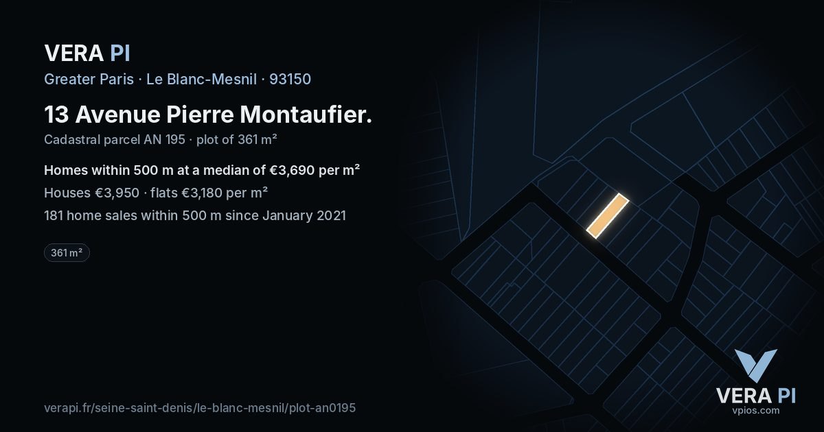 13 Avenue Pierre Montaufier, Le Blanc-Mesnil at night – the plot lit, the parcels around coloured by the prices near them