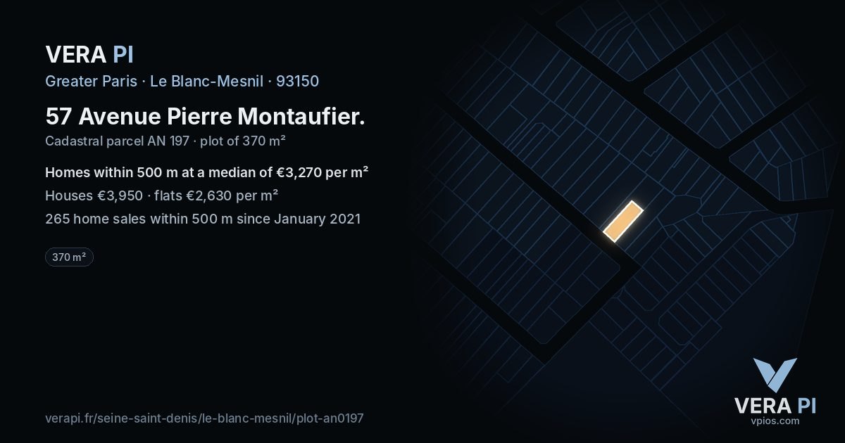 57 Avenue Pierre Montaufier, Le Blanc-Mesnil at night – the plot lit, the parcels around coloured by the prices near them