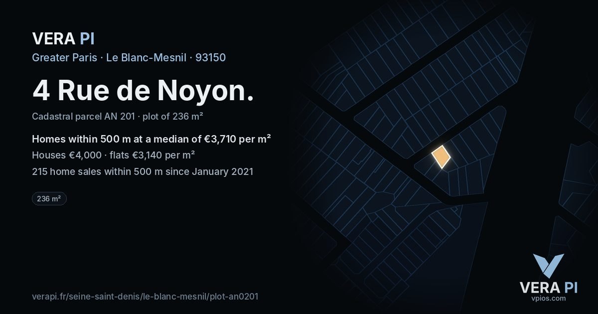 4 Rue de Noyon, Le Blanc-Mesnil at night – the plot lit, the parcels around coloured by the prices near them