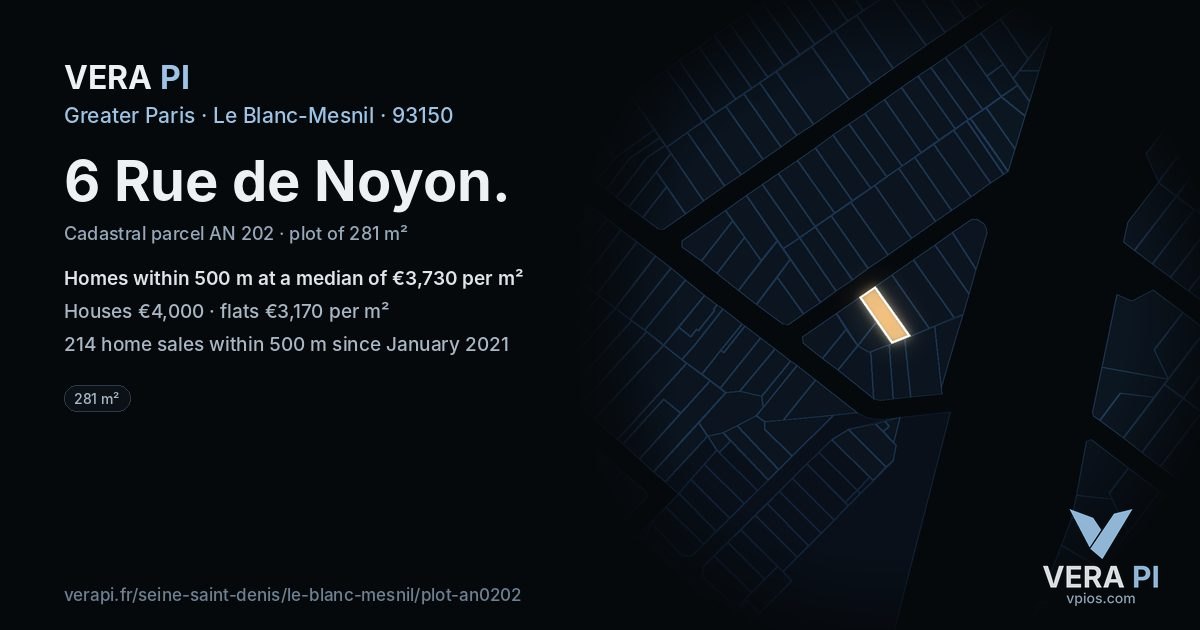 6 Rue de Noyon, Le Blanc-Mesnil at night – the plot lit, the parcels around coloured by the prices near them