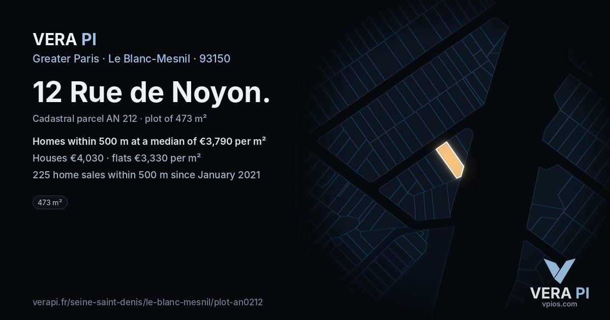 12 Rue de Noyon, Le Blanc-Mesnil at night – the plot lit, the parcels around coloured by the prices near them