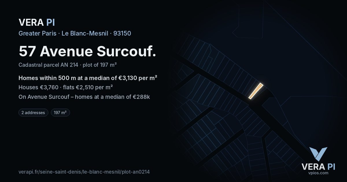 57 Avenue Surcouf, Le Blanc-Mesnil at night – the plot lit, the parcels around coloured by the prices near them