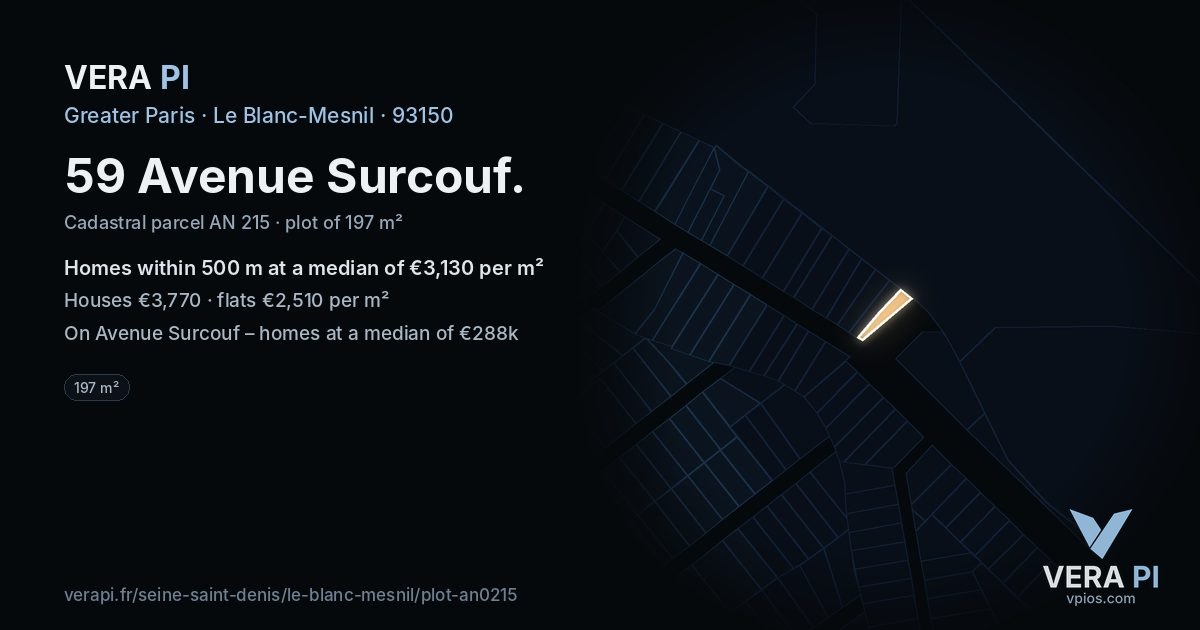 59 Avenue Surcouf, Le Blanc-Mesnil at night – the plot lit, the parcels around coloured by the prices near them