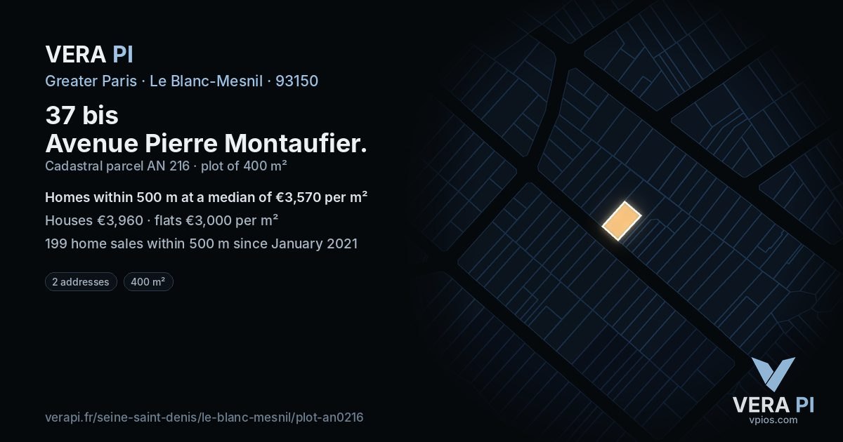 37 bis Avenue Pierre Montaufier, Le Blanc-Mesnil at night – the plot lit, the parcels around coloured by the prices near them