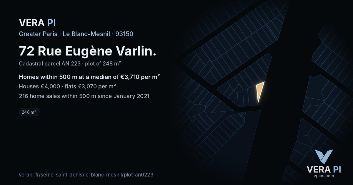 72 Rue Eugène Varlin, Le Blanc-Mesnil at night – the plot lit, the parcels around coloured by the prices near them