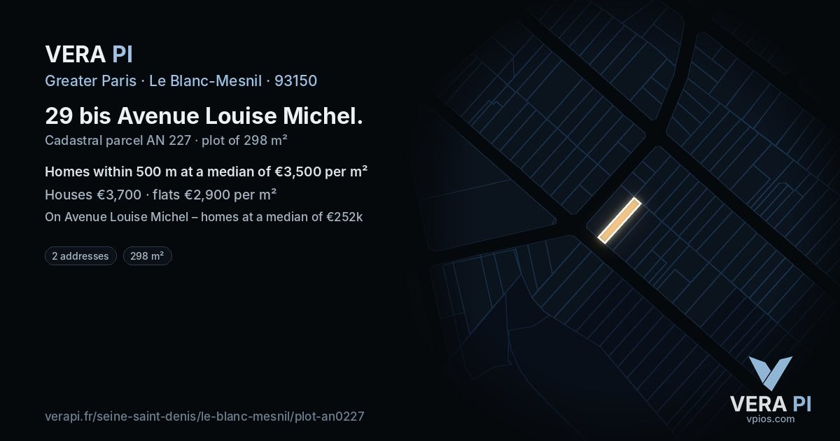 29 bis Avenue Louise Michel, Le Blanc-Mesnil at night – the plot lit, the parcels around coloured by the prices near them