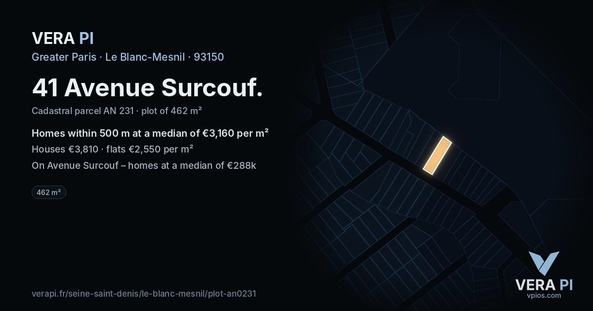 41 Avenue Surcouf, Le Blanc-Mesnil at night – the plot lit, the parcels around coloured by the prices near them