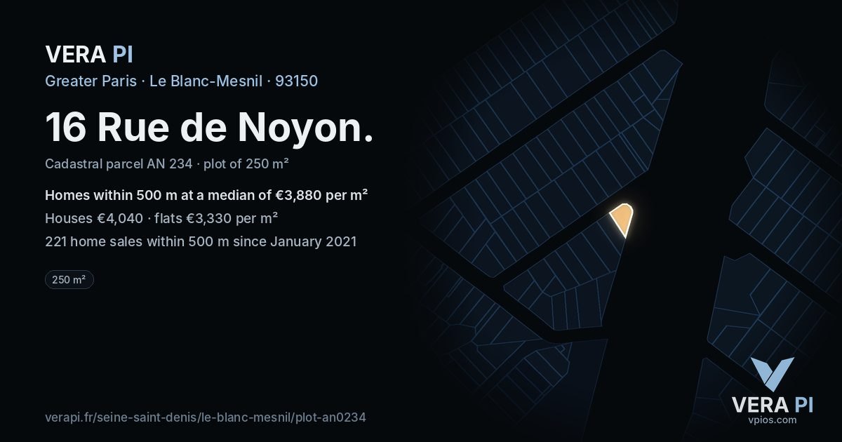 16 Rue de Noyon, Le Blanc-Mesnil at night – the plot lit, the parcels around coloured by the prices near them
