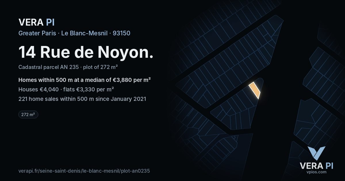 14 Rue de Noyon, Le Blanc-Mesnil at night – the plot lit, the parcels around coloured by the prices near them