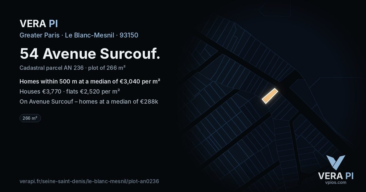 54 Avenue Surcouf, Le Blanc-Mesnil at night – the plot lit, the parcels around coloured by the prices near them