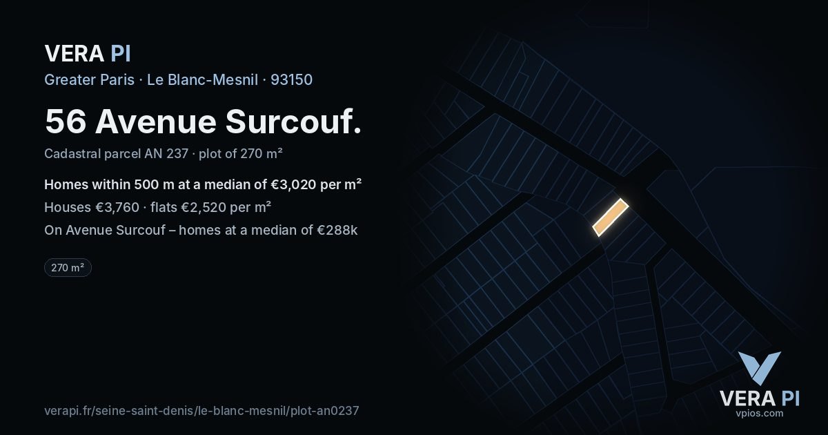 56 Avenue Surcouf, Le Blanc-Mesnil at night – the plot lit, the parcels around coloured by the prices near them