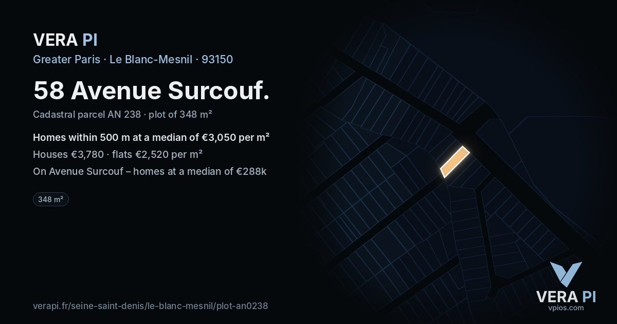 58 Avenue Surcouf, Le Blanc-Mesnil at night – the plot lit, the parcels around coloured by the prices near them