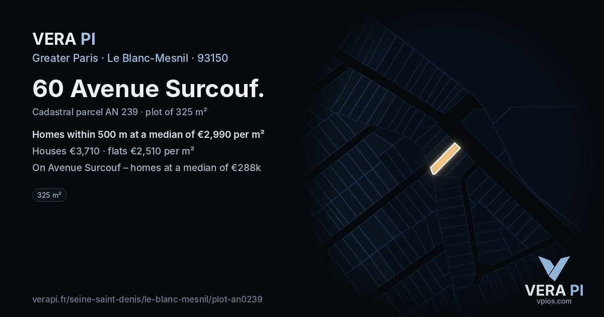 60 Avenue Surcouf, Le Blanc-Mesnil at night – the plot lit, the parcels around coloured by the prices near them
