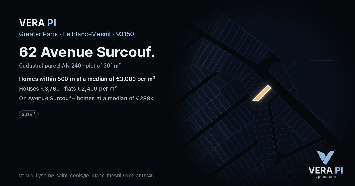 62 Avenue Surcouf, Le Blanc-Mesnil at night – the plot lit, the parcels around coloured by the prices near them
