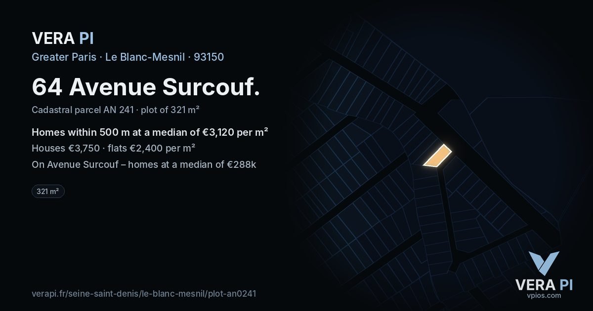 64 Avenue Surcouf, Le Blanc-Mesnil at night – the plot lit, the parcels around coloured by the prices near them