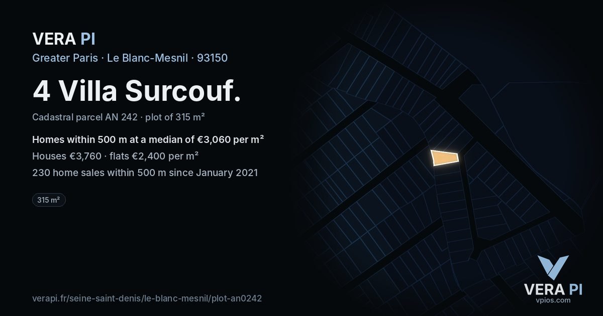 4 Villa Surcouf, Le Blanc-Mesnil at night – the plot lit, the parcels around coloured by the prices near them