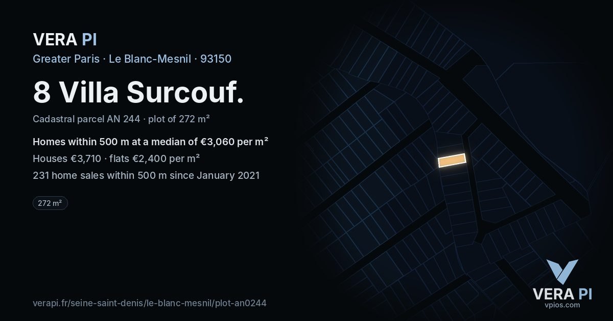 8 Villa Surcouf, Le Blanc-Mesnil at night – the plot lit, the parcels around coloured by the prices near them